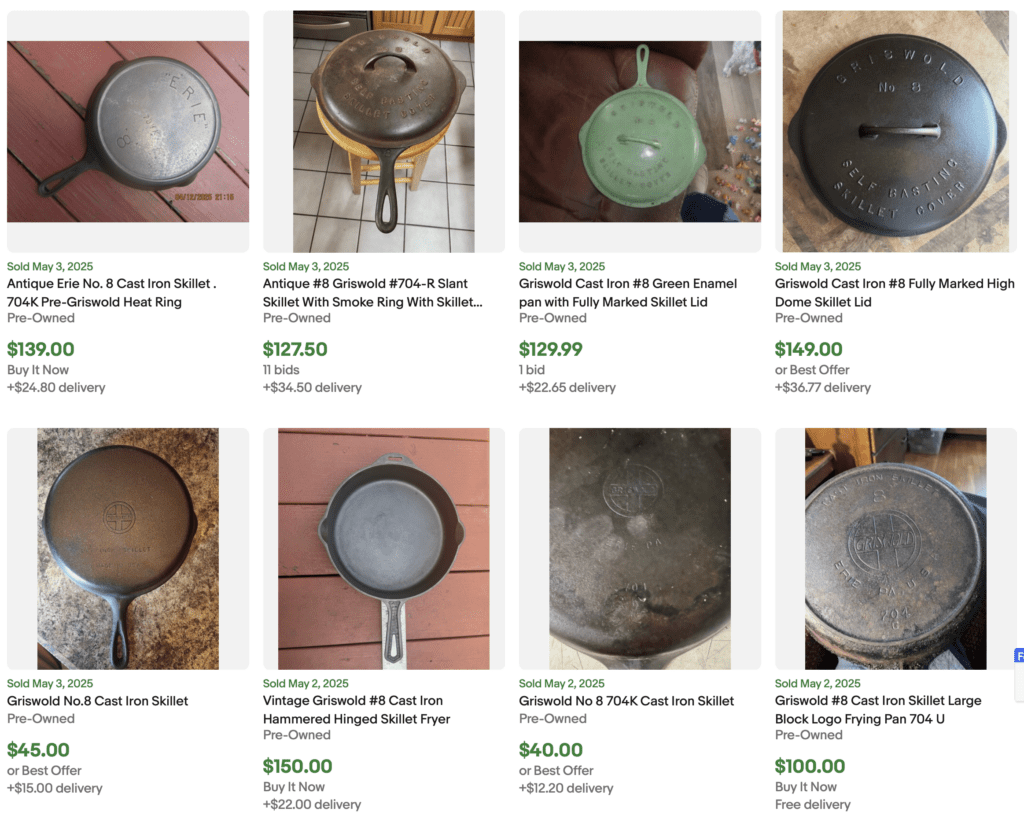 Sold prices from eBay for Griswold number 8 skillets. 